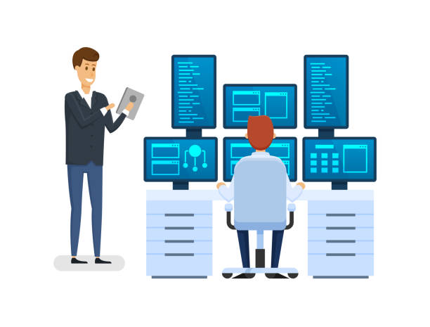 Server room, equipping network administrator workplace, monitoring database, working with financial institution software, employee discussing question with colleague man at work. Vector illustration.